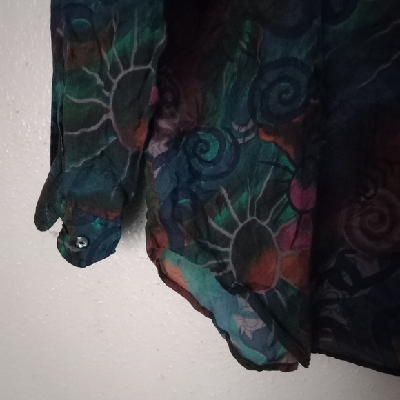Punch Vintage L Silk Button Down Volcano Sun Pattern Top Blouse Turquoise Tan - Picture 3 of 16